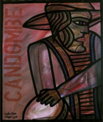 Persona tocando tamboril y palabra Candombe