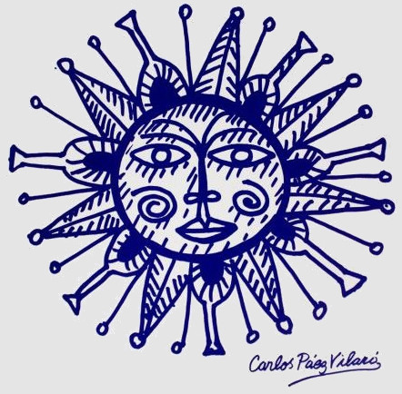 logo con forma de sol y firma de Carlos Páez Vilaró
