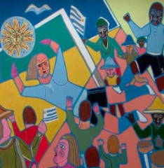 Se visualiza dos jugadores,uno de ellos pateando el balón  y alrededor la hinchada festejando